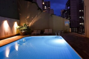 Outdoor pool, open 8:00 AM to 9:00 PM, sun loungers