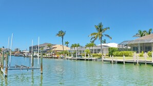 Uma marina com barcos atracados, palmeiras e um céu azul e límpido.