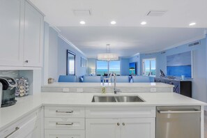 Condo, Multiple Beds (Beachfront condo with 180-degree view) | Private kitchen | Fridge, microwave, oven, stovetop - Beachfront Condo With 180-degree Views and Pool (Marco Island)