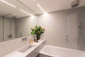 Combined shower/bathtub, hair dryer, bidet, towels