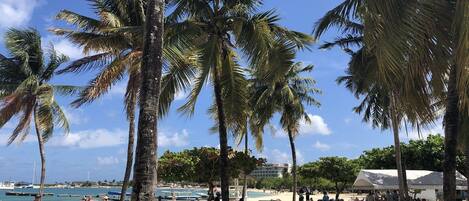 On the beach, sun-loungers, beach towels