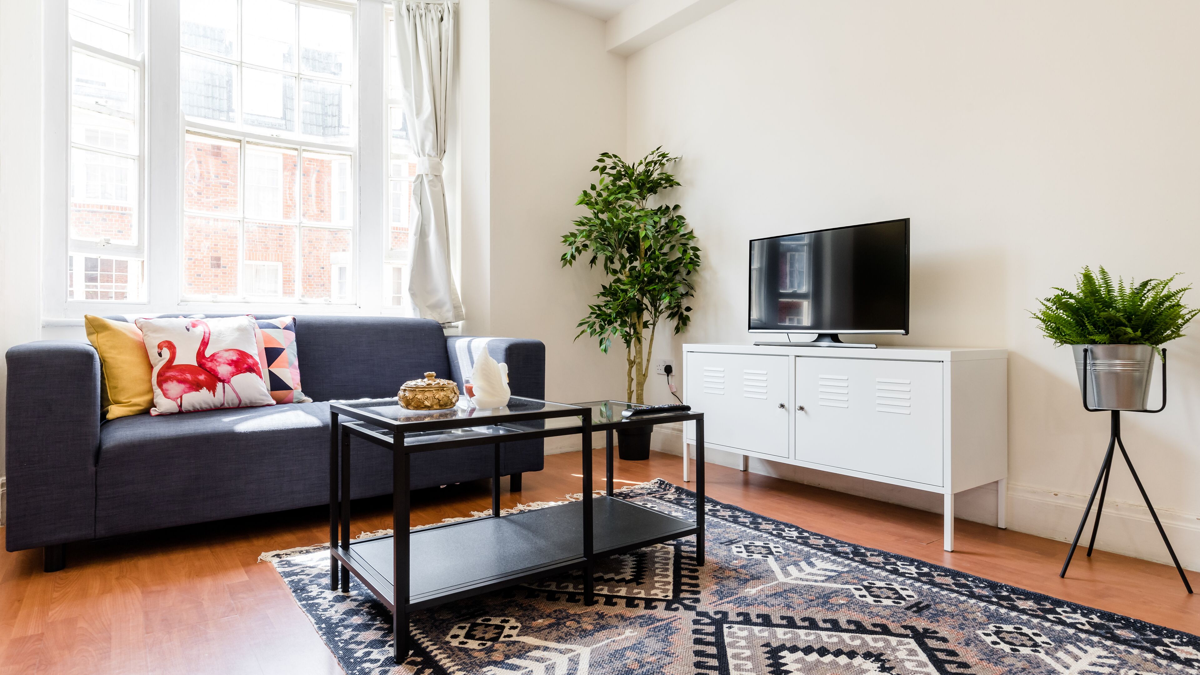 Un salon moderne avec un canapé, une table basse, un téléviseur et une plante en pot.