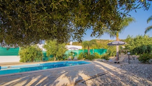 A swimming pool with lounge chairs and a covered area, surrounded by trees and greenery. - Corallia Villa ,3 Bedrooms see and Forest View (Ayia Marina Chrysochous)
