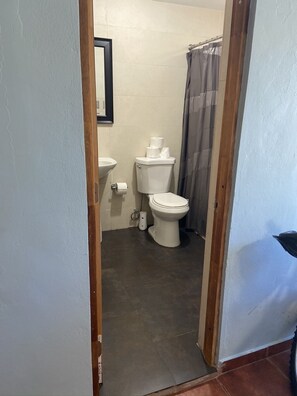 Une petite salle de bain compacte, équipée de toilettes, d’un lavabo et d’un rideau de douche.