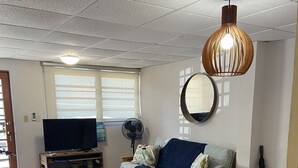 Een woonkamer met een televisie, bank, eettafel, stoelen en een plafondventilator.