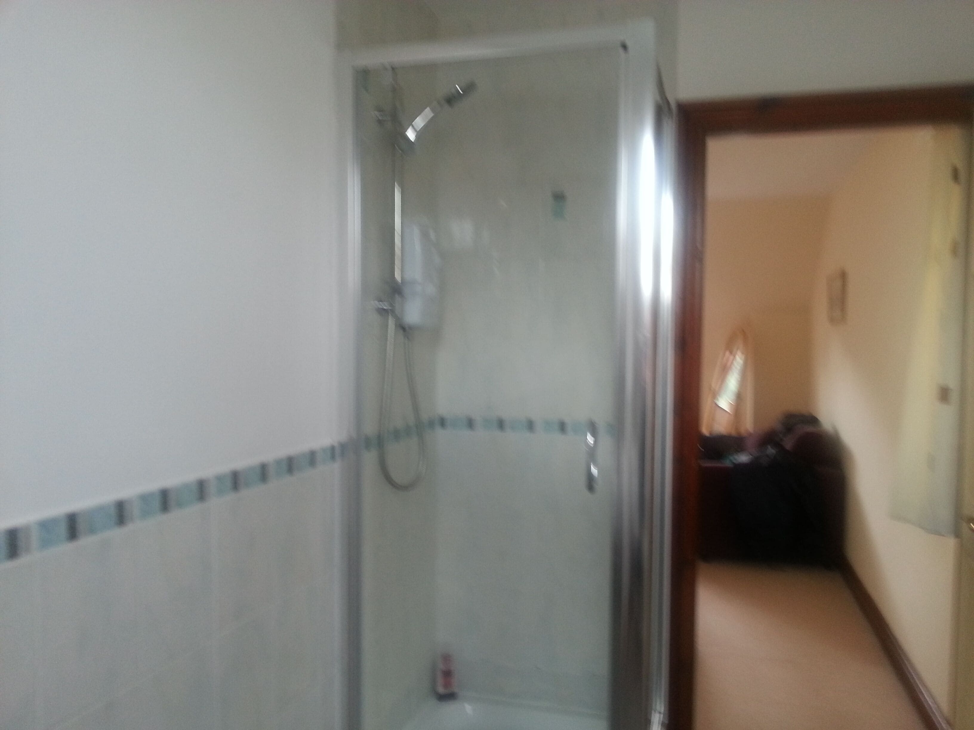 Combined shower/tub, hair dryer, towels, soap