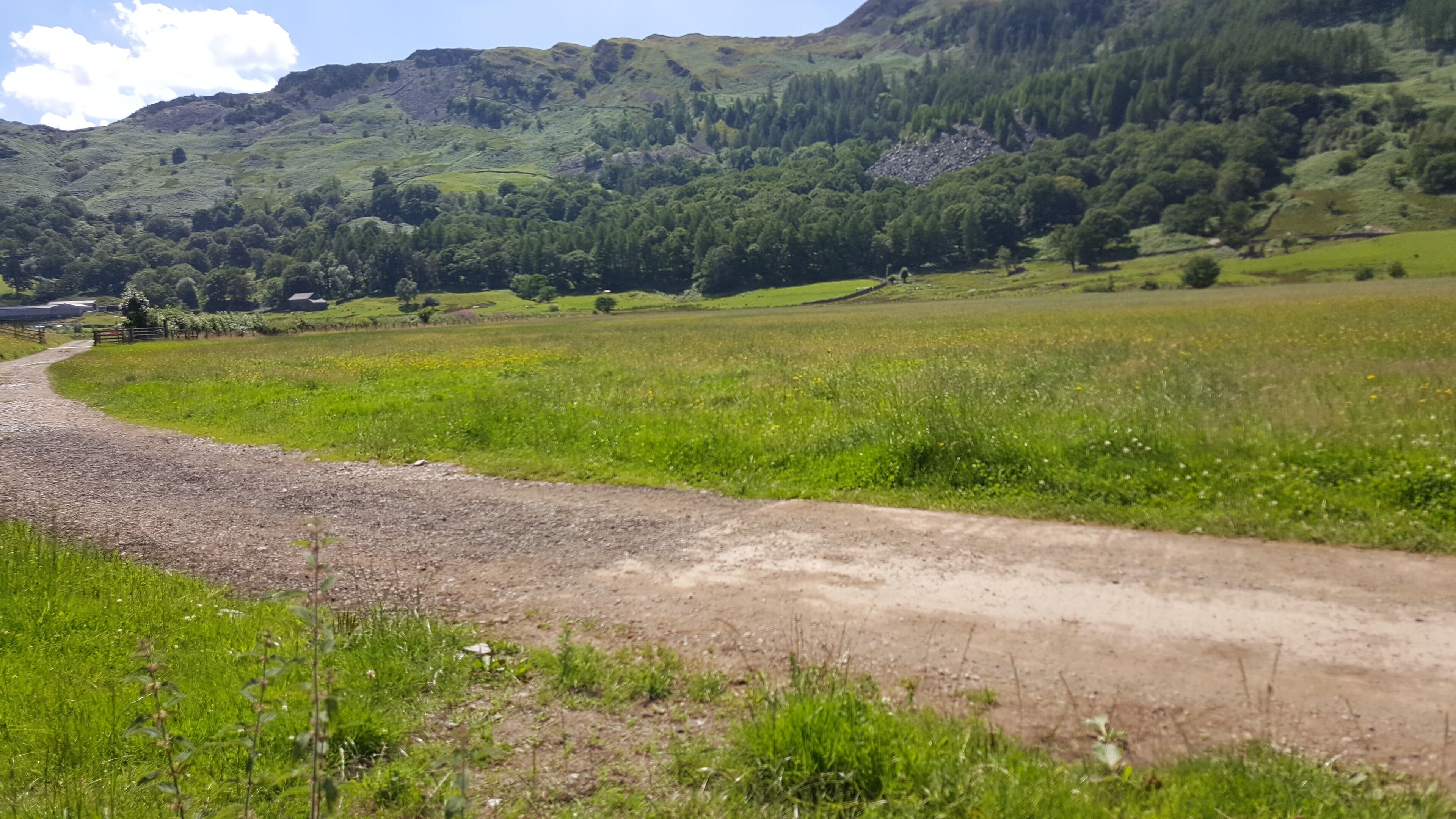 Un paisaje rural con un camino de tierra que serpentea entre campos, una montaña al fondo y algunos edificios a lo lejos.