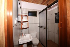 Panorama huisje, Meerdere bedden, uitzicht op bergen | Badkamer | Een douche, handdoeken, toiletpapier