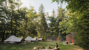 Un camping con varias tiendas de campaña y mesas de picnic.