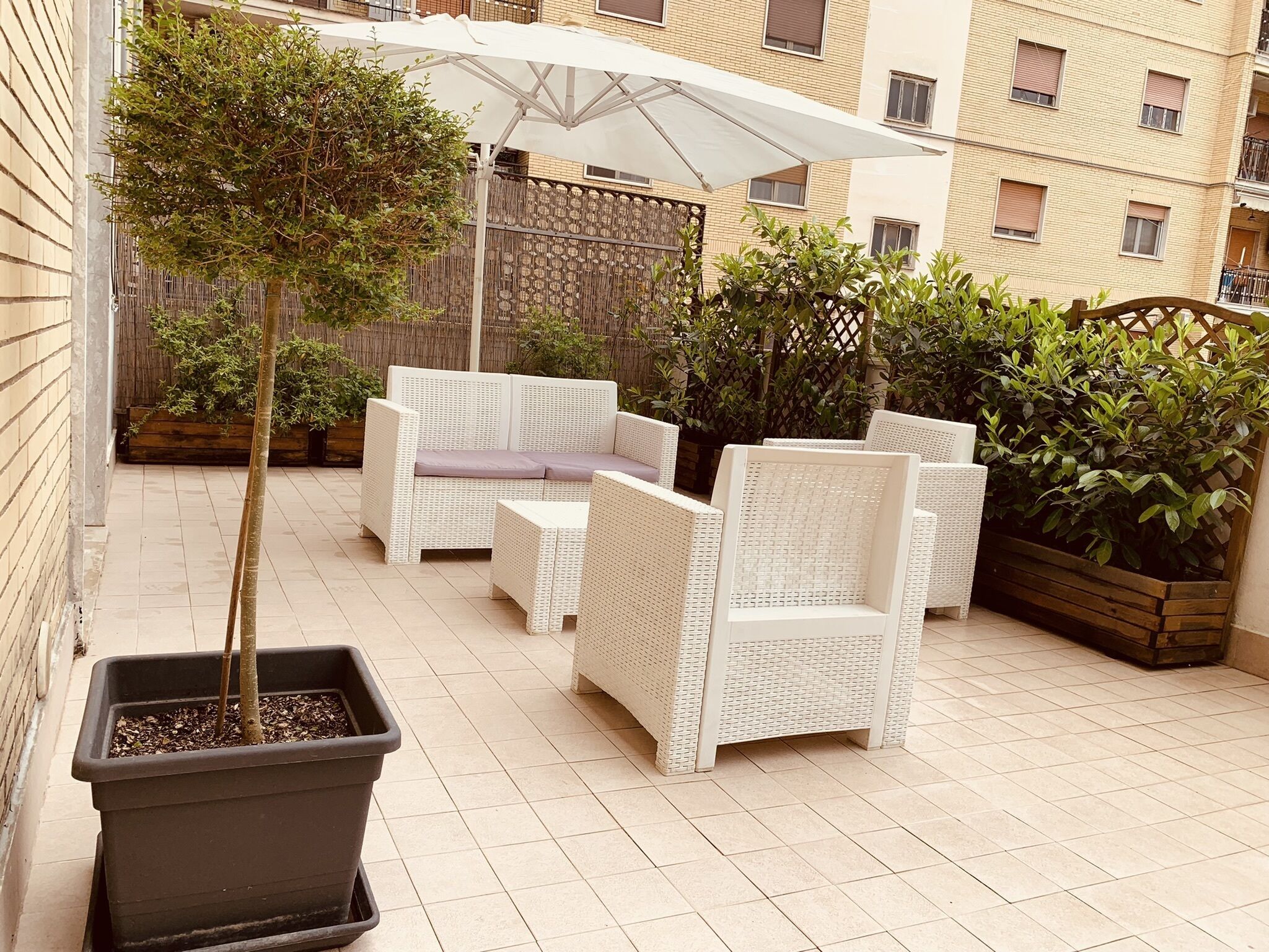 En terrasse med fletmøbler, et stort plantet træ og en hvid parasol.
