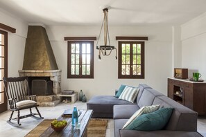 Traditional Villa, Private Pool, Sea View | Living room | Flat-screen TV, fireplace, Netflix, DVD player - Luxurious Mani Peninsula Traditional Tower (East Mani)