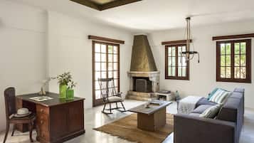 Traditional Villa, Private Pool, Sea View | Living area | Flat-screen TV, fireplace, Netflix, DVD player