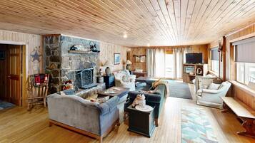 Télévision, cheminée, lecteur de DVD, table de tennis de table