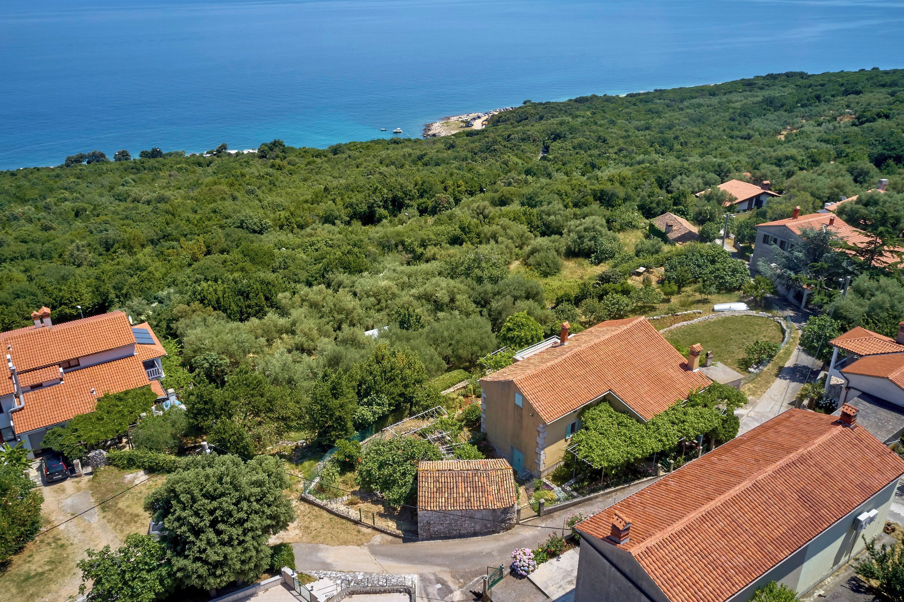 A coastal village with terracotta-roofed houses, dense greenery, and a view of the sea.
