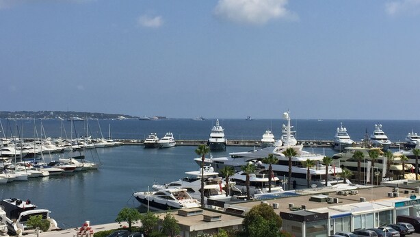 Un puerto deportivo con varios yates amarrados, rodeado de edificios y palmeras.