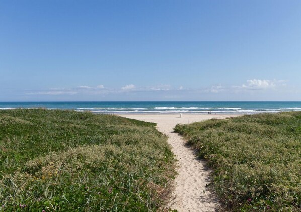 A beach path leading to the ocean with grassy dunes on either side.