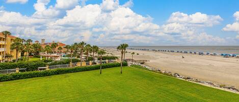 A beach resort with a grassy lawn, palm trees, and a view of the ocean.