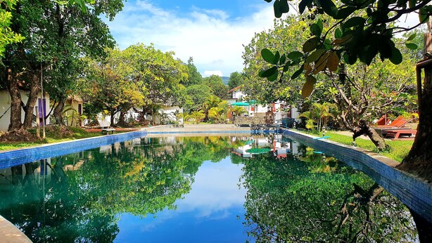 A clear swimming pool surrounded by lush greenery and trees, with a clear sky above. - Bohemiaz Resort and Spa (Kampot)