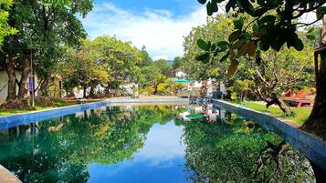 Alberca al aire libre, sombrillas en la alberca y camastros