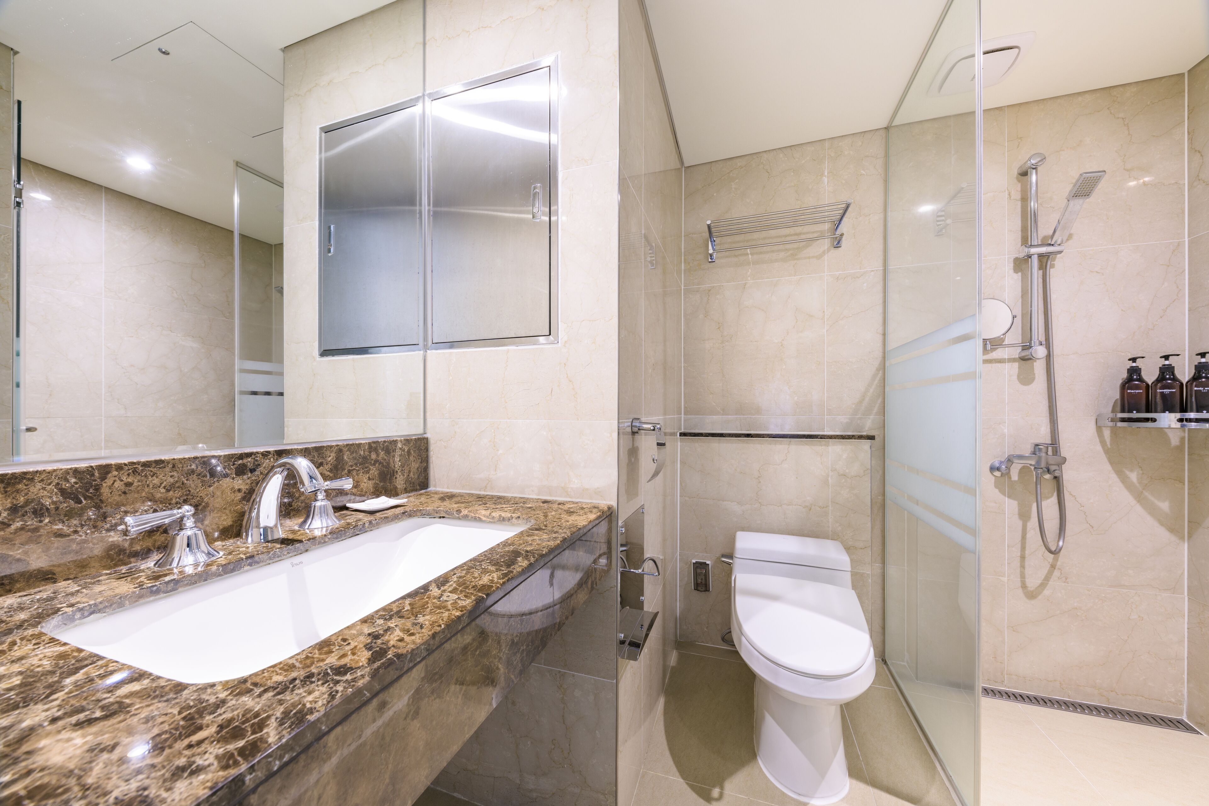 free toiletries, hair dryer, slippers, towels