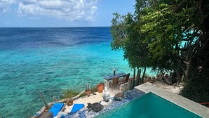 A pool with a view of the ocean, surrounded by cacti and plants. - SEA FRONT-Private, natural, couples-only...unique paradise focused on peace (Banda Abou)