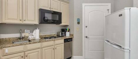 Full-sized fridge, microwave, oven, dishwasher