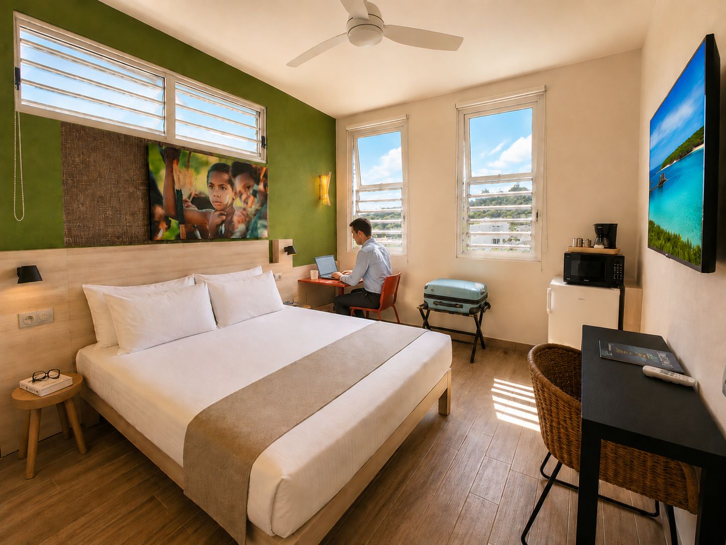 A hotel room with a bed, desk, chair, and a television.