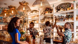 Un espace bar avec un barman préparant des boissons, des étagères remplies de bouteilles et des lampes décoratives suspendues au plafond.