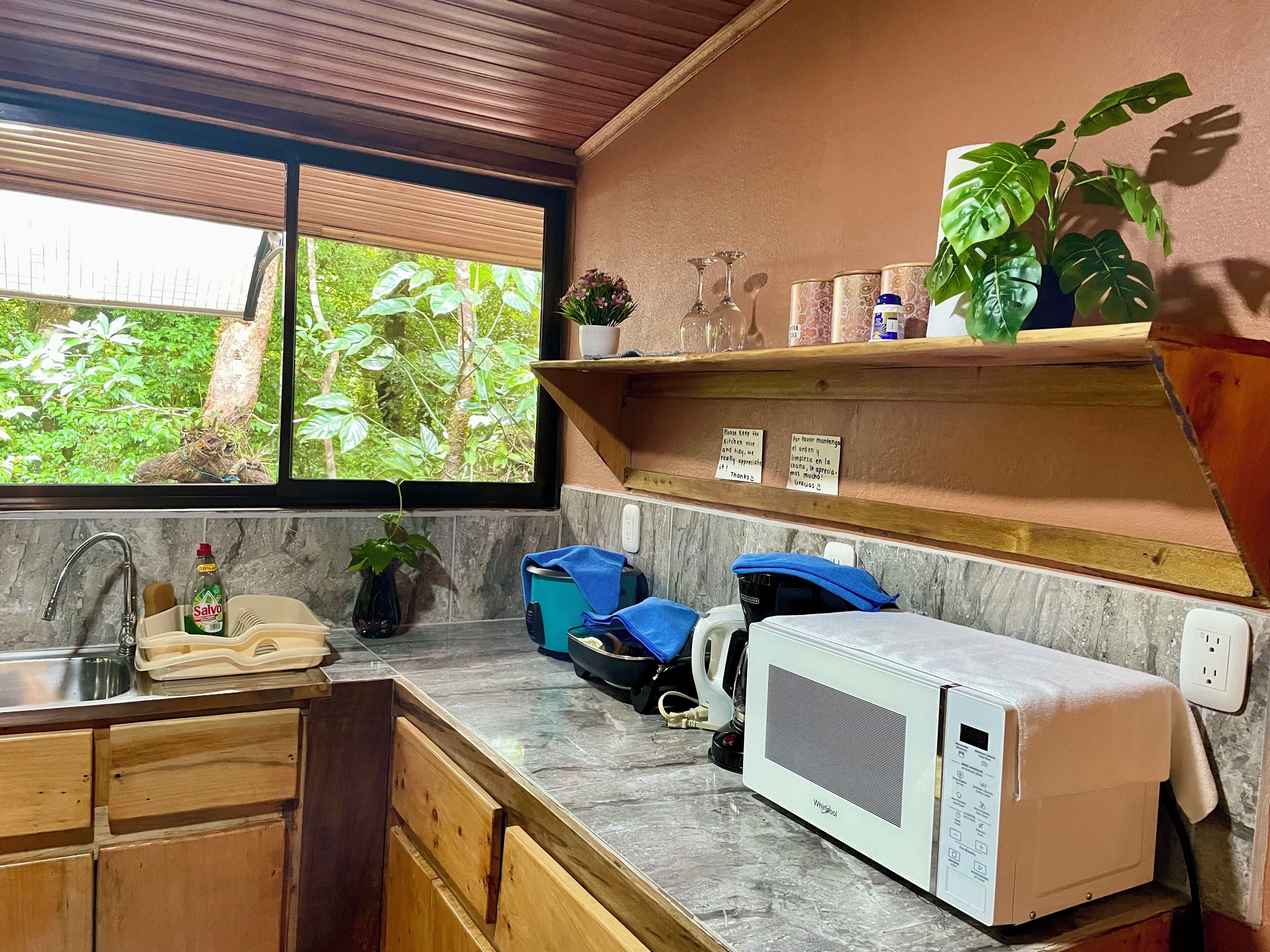 A kitchen with a sink, a microwave, and a window with a view of greenery.