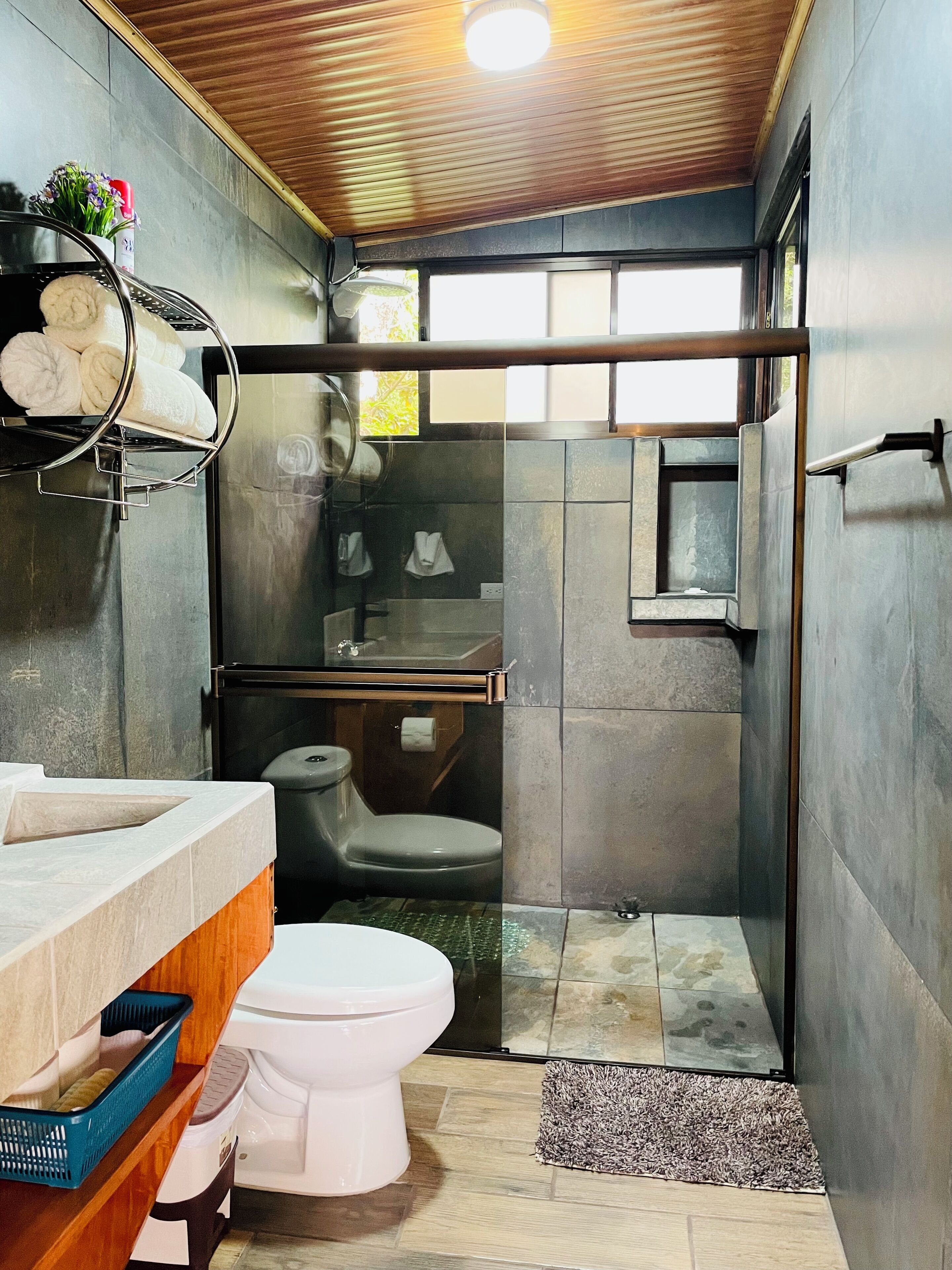 Une salle de bain moderne équipée d’une douche, de toilettes et d’un lavabo.