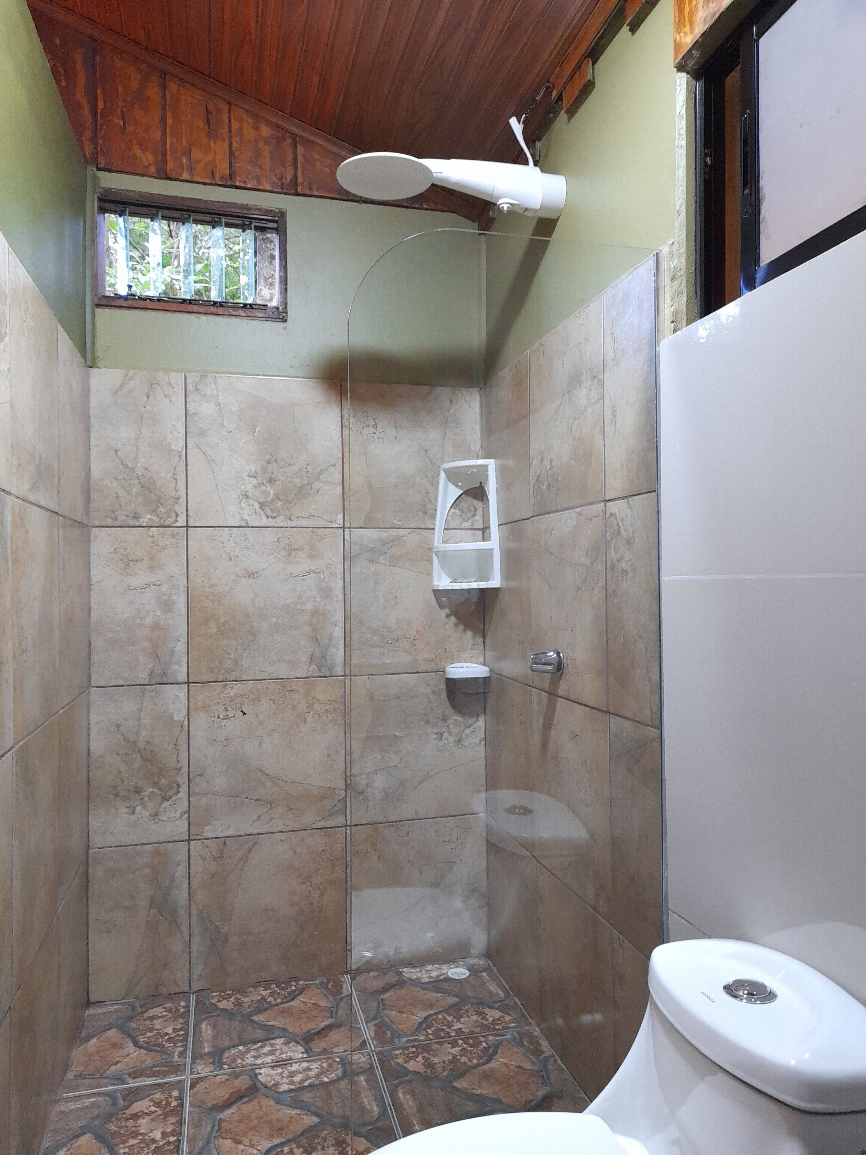 Une salle de bain avec douche, toilettes et une petite étagère contenant des articles de toilette.