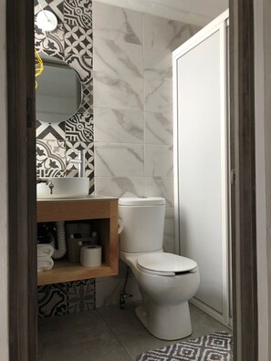 Hair dryer, towels, soap, toilet paper