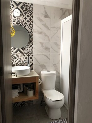 Secadora de cabello, toallas, jabón, papel de baño 