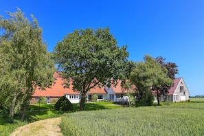 Una casa con techo rojo, rodeada por un campo verde y árboles.