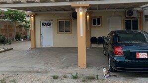 Un bâtiment doté d’un espace de stationnement couvert, une voiture et un chat.