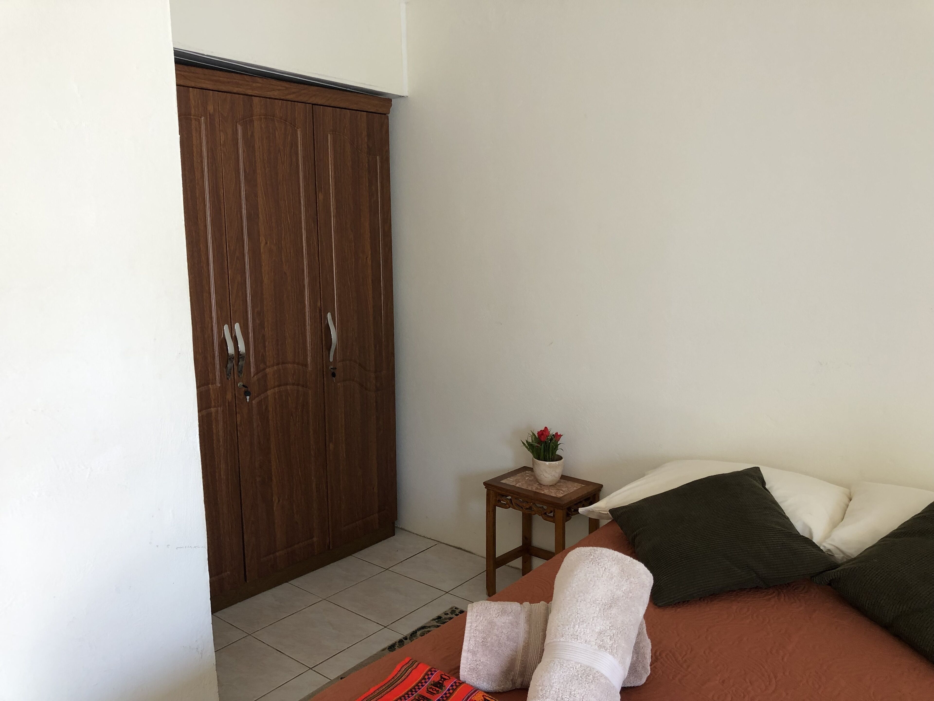 A bedroom with a bed, pillows, a small table with a vase, and a wardrobe.