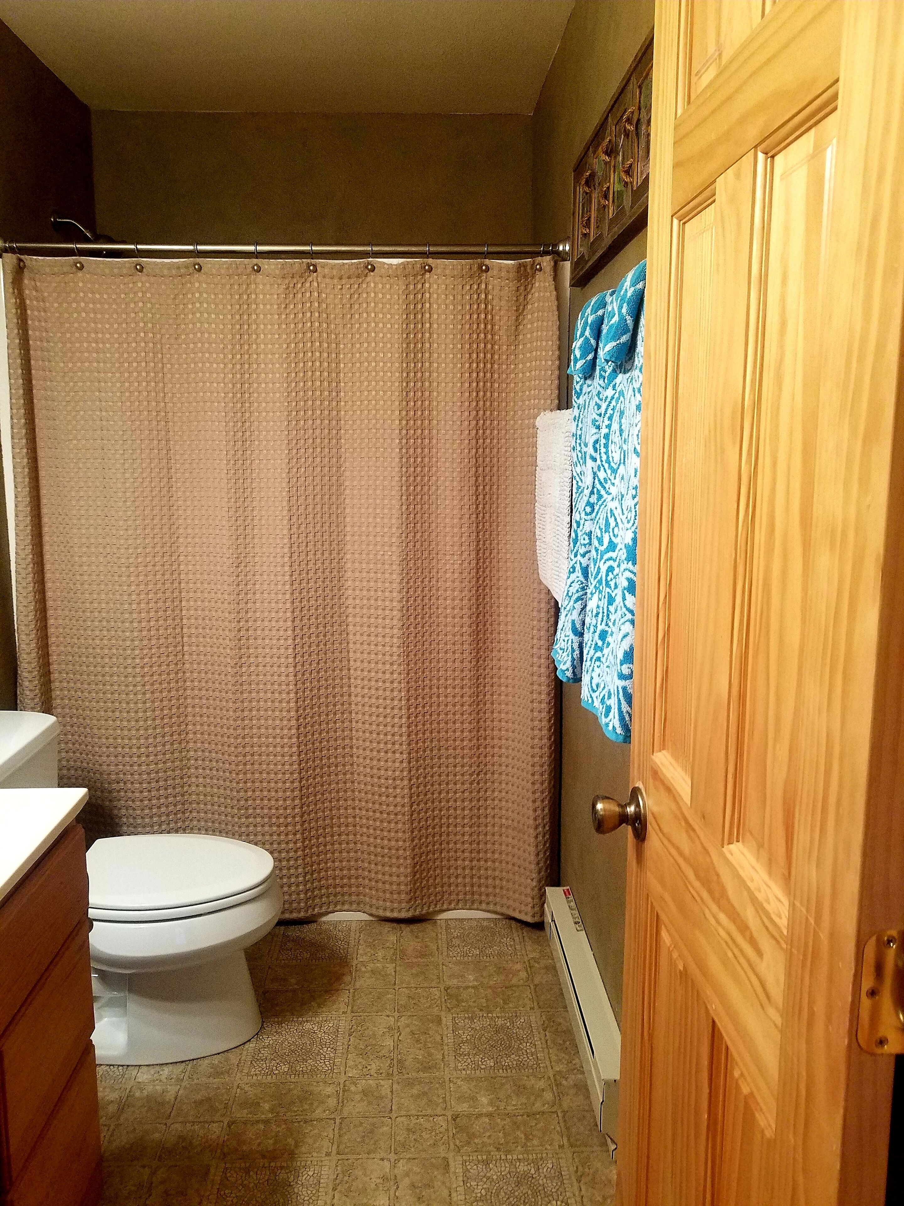 Ein Badezimmer mit Toilette, Duschvorhang und einem Handtuch an der Wand.