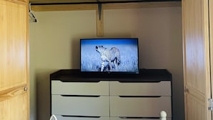 A bedroom with a bed, a TV on a dresser, and a closet with wooden doors.