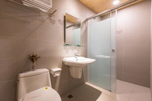 A modern bathroom with a toilet, sink, and glass shower enclosure.