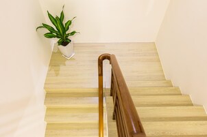 Una escalera de madera con barandilla, una planta en maceta y una pared de color claro.