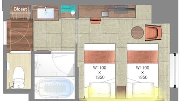 A floor plan of a hotel room with a closet, a bathroom, and a seating area.
