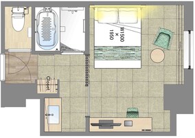 A floor plan with a bathroom, a bedroom, a living area, and a dining area.