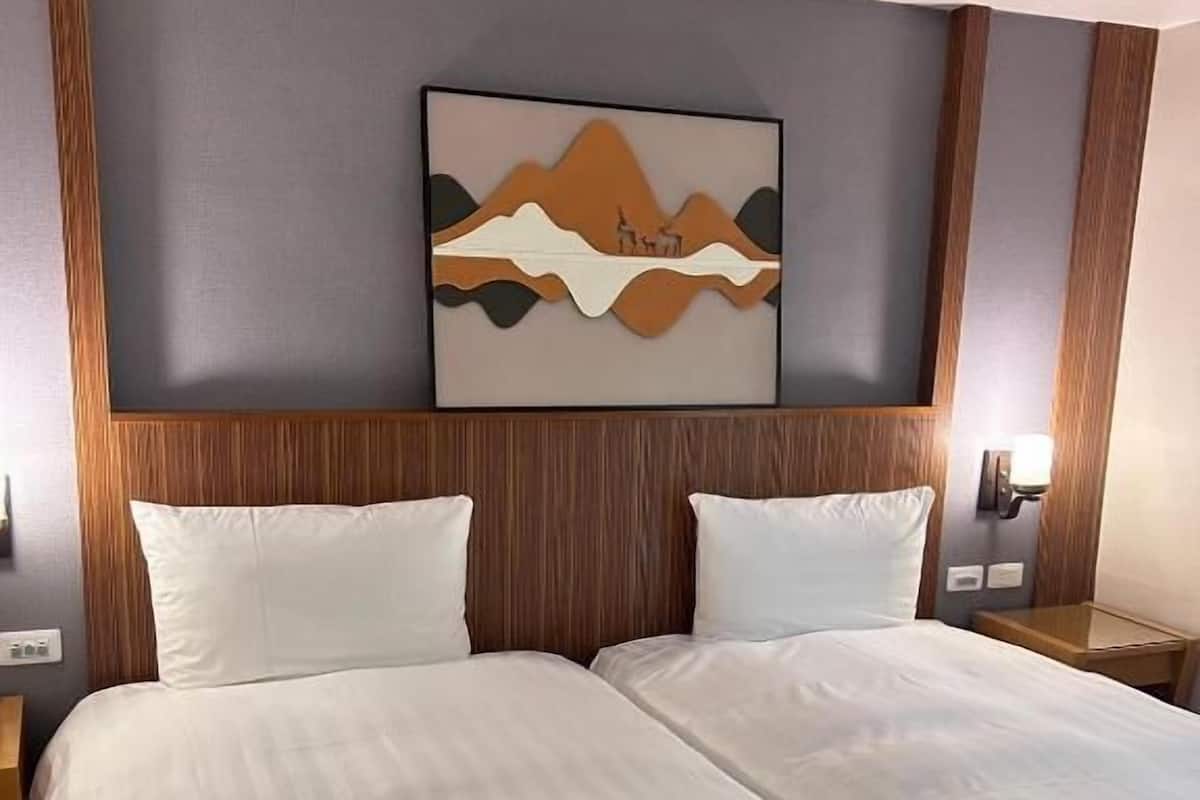 Premium bedding, down duvets, desk, laptop workspace