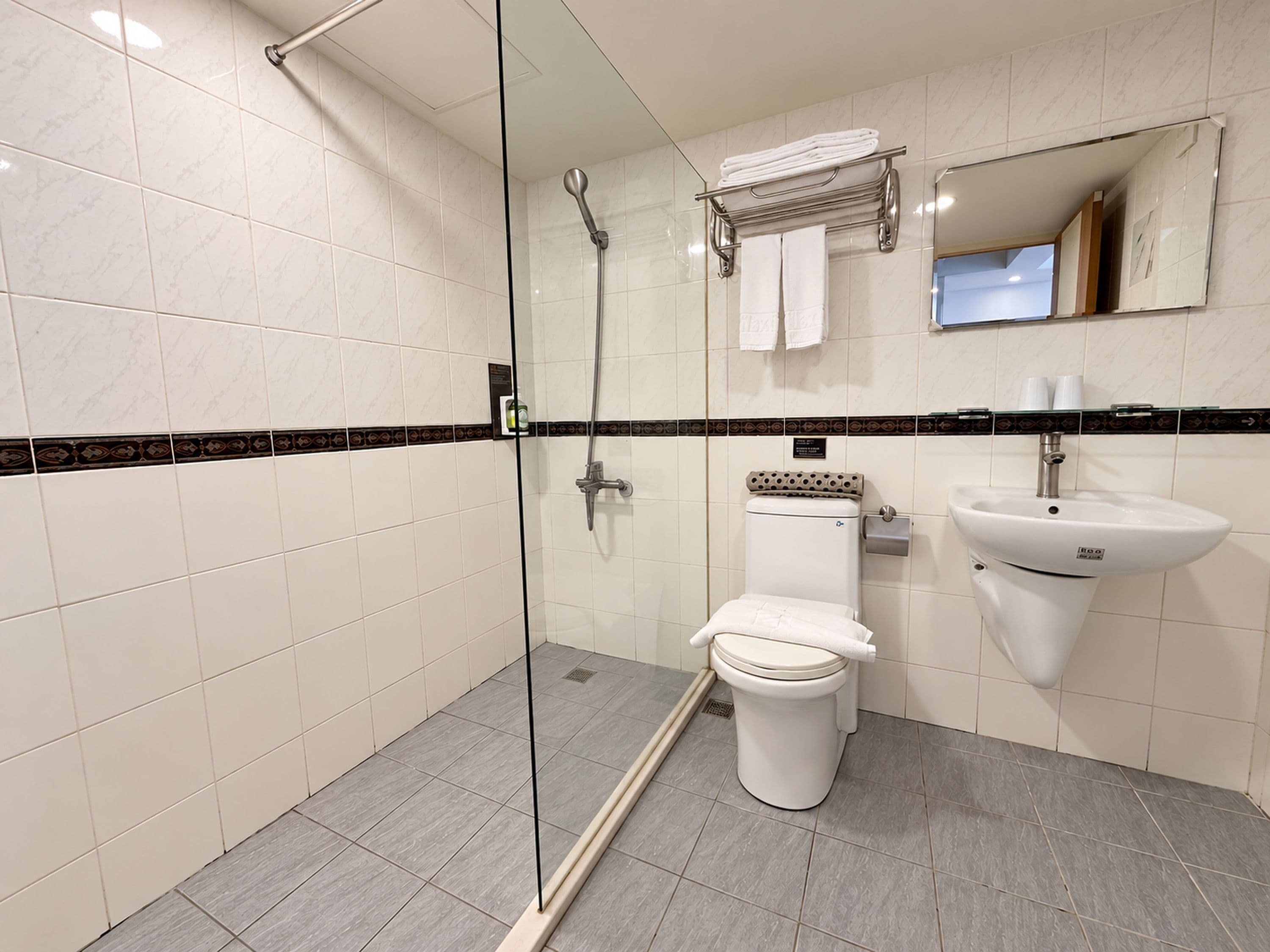 A modern bathroom with a glass-enclosed shower, a toilet, and a sink.
