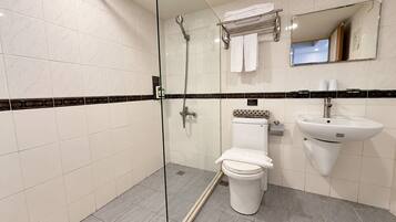 A modern bathroom with a glass-enclosed shower, a toilet, and a sink.