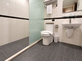 Un bagno moderno con un WC, cabina doccia in vetro, lavandino e specchio.