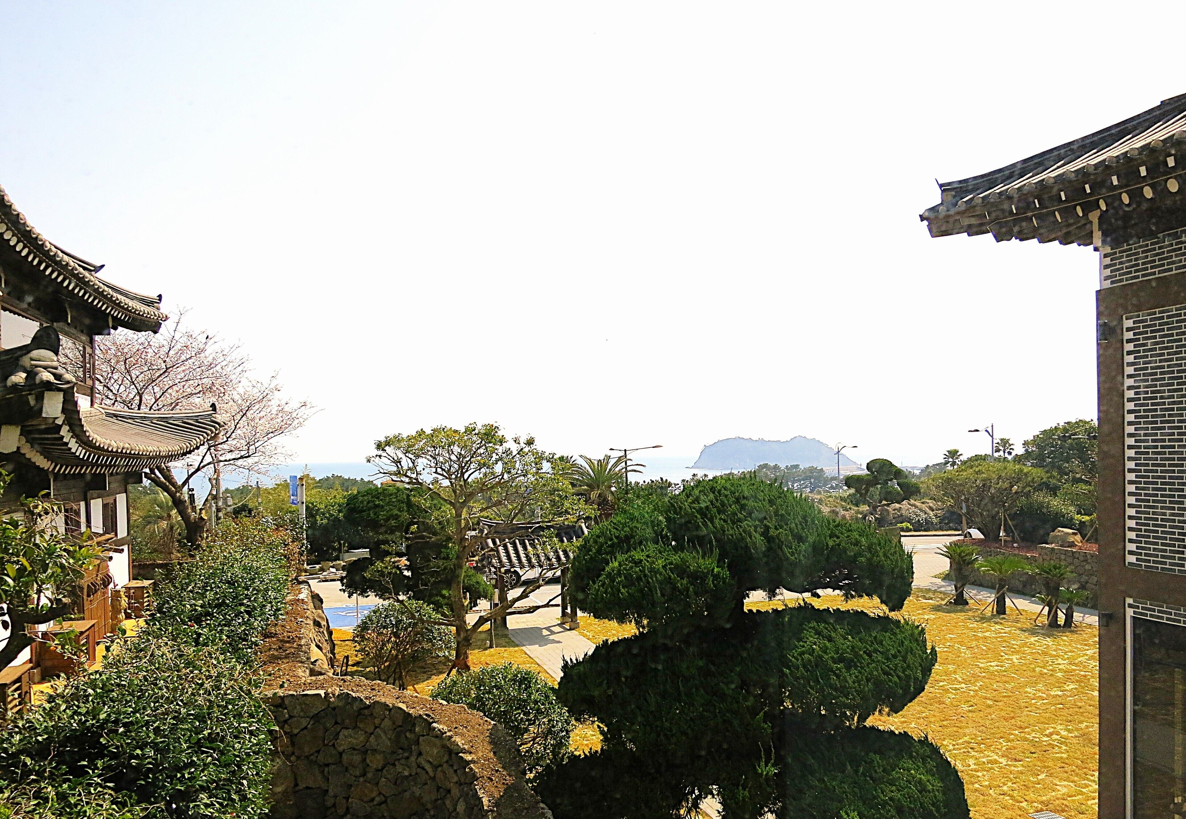 A traditional courtyard with stone walls, a wooden pavilion, and neatly trimmed trees.