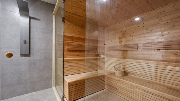 Eine Sauna mit Glastrennwand, Holzbänken und einem modernen Duschbereich.