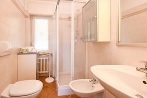 Shower, hair dryer, bidet, towels