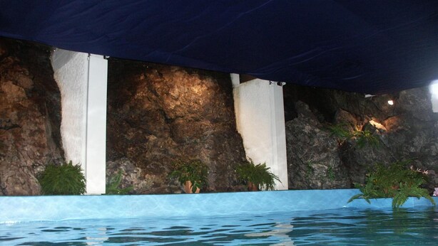 A pool area with clear water, a rocky wall, and potted plants. - Edelstein-Hotel (Idar-Oberstein)